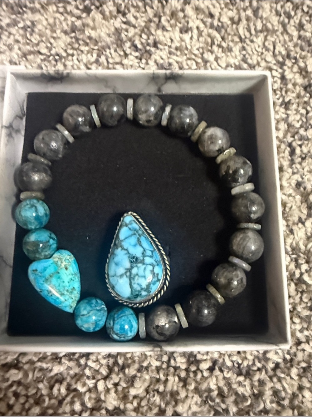 Turquoise and Gray Stone Beaded Bracelet with Teardrop Turquoise Ring